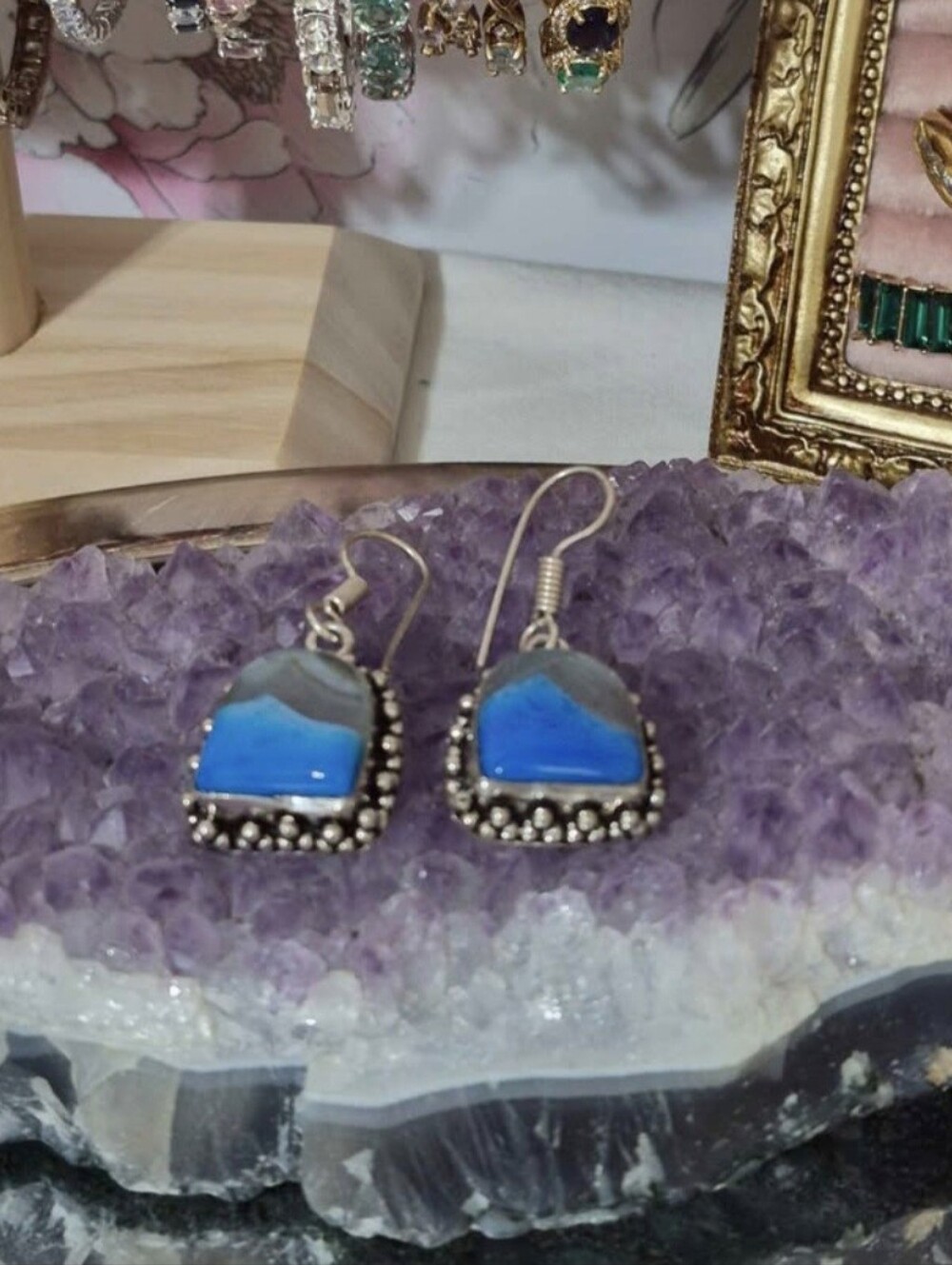 Ladies 925 Sterling Silver Aqua Blue Agate Slice Earrings